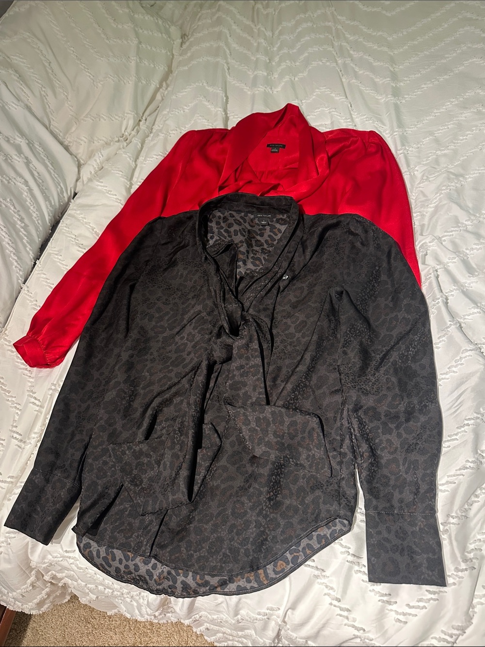 Ann Taylor Red Satin Blouse & Black Leopard-Print Tie-Neck Shirt